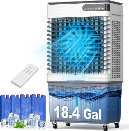 Enfriador evaporativo de 4000 CFM (4 en 1) con depósito de agua de 18,6 galones, 4 paquetes de hielo, control remoto, temporizador de 12 horas, oscilación de 120° y ventilador portátil de 36 pulgadas con 3 modos y velocidades; ideal para dormitorios y esp