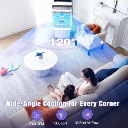 Aire acondicionado portátil, enfriador evaporativo de 3000 CFM | Depósito de agua de 6,87 galones, 3 velocidades y 4 modos, oscilación de 120° y temporizador de 15 horas; ideal para el hogar, dormitorio, cocina y refrigeración de interiores.