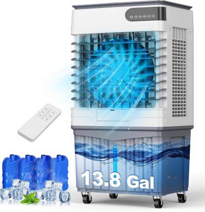 Enfriador evaporativo de 4000 CFM (4 en 1) con depósito de agua de 18,6 galones, 4 paquetes de hielo, control remoto, temporizador de 12 horas, oscilación de 120° y ventilador portátil de 36 pulgadas con 3 modos y velocidades; ideal para dormitorios y esp