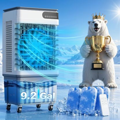 Enfriador evaporativo de 4000 CFM (4 en 1) con depósito de agua de 18,6 galones, 4 paquetes de hielo, control remoto, temporizador de 12 horas, oscilación de 120° y ventilador portátil de 36 pulgadas con 3 modos y velocidades; ideal para dormitorios y esp