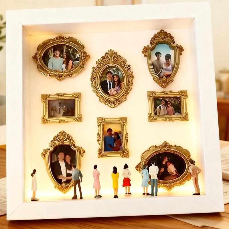 Mini Museum Silhouette Box DIY: Caja de Siluetas de Museo con 8 Mini Marcos Dorados y 10 Figuras para Exhibir Recuerdos Únicos Ideal para Aniversarios Bodas y San Valentín