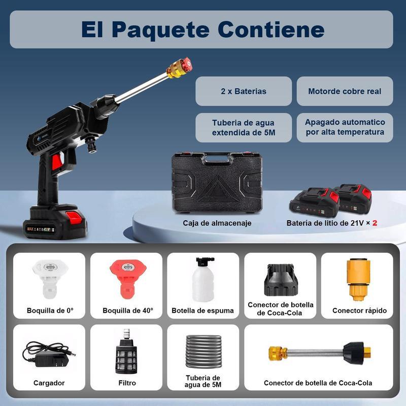 Pistola de Agua Inalámbrica para Hidrolavadora - 2 Baterías 7500mAh Autonomía Larga, Segura Duradera, Ahorra Agua Fácil de Usar, para Carros/Jardines/Cristales