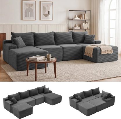 Sofá modular Mangodan de 110 pulgadas, estilo "Cloud" para sala de estar, color gris | Sofá en forma de L con chaise longue a la izquierda, asientos profundos y respaldo ergonómico; apto para niños y mascotas; ideal para apartamentos y salas de estar.