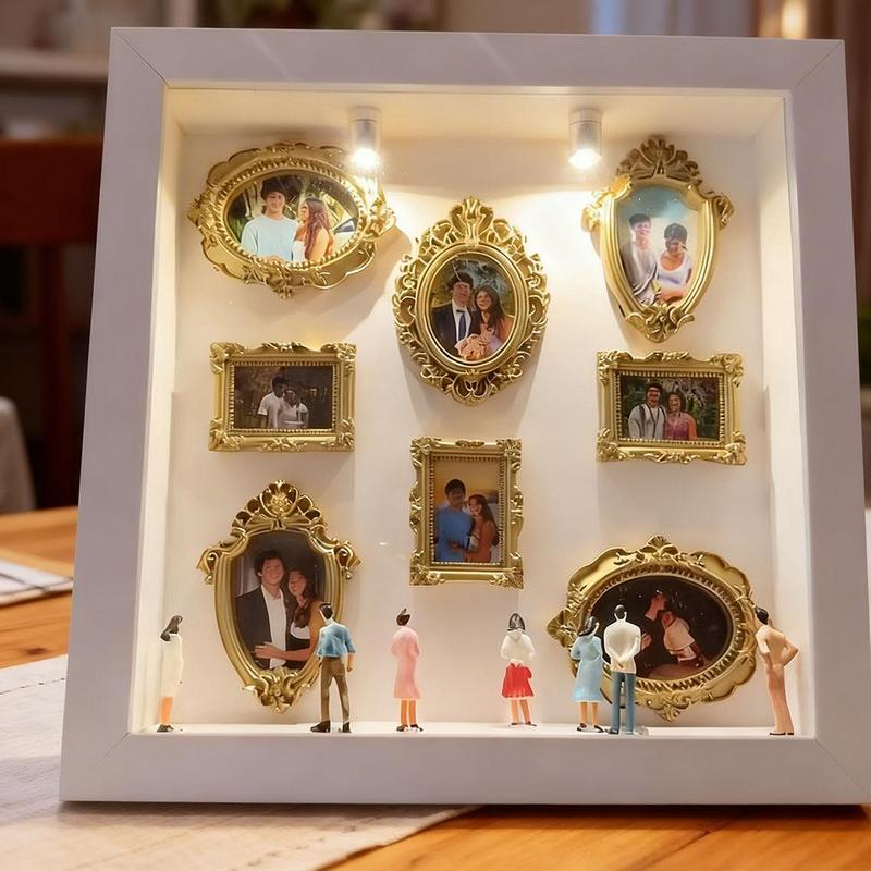 Mini Museum Silhouette Box DIY: Caja de Siluetas de Museo con 8 Mini Marcos Dorados y 10 Figuras para Exhibir Recuerdos Únicos Ideal para Aniversarios Bodas y San Valentín