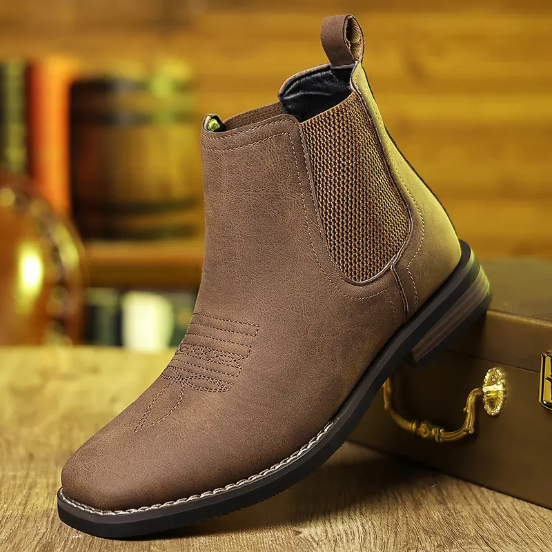 Botas vaqueras occidentales para hombre, botines Chelsea de punta cuadrada, botas de trabajo, casuales, vintage, modernas, clásicas, cómodas, versátiles, disponibles en caqui y negro, para exteriores, informales, de punta cerrada.