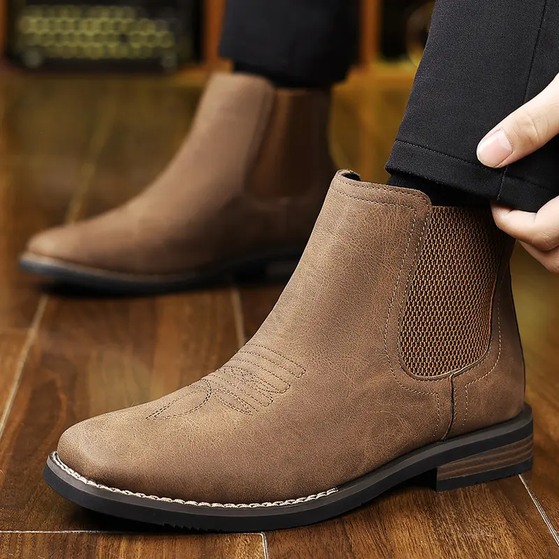 Botas vaqueras occidentales para hombre, botines Chelsea de punta cuadrada, botas de trabajo, casuales, vintage, modernas, clásicas, cómodas, versátiles, disponibles en caqui y negro, para exteriores, informales, de punta cerrada.
