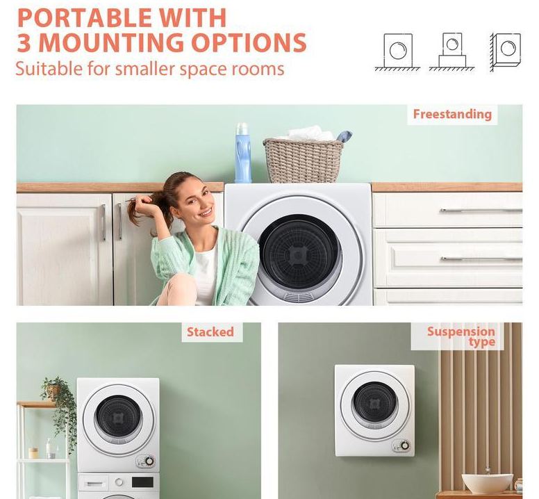 Euhomy Secadora de Ropa Portátil de 110 V y 850 W — Secadora de Lavandería Compacta de 1.5 pies cúbicos, de Carga Frontal y Eléctrica, con Tambor de Acero Inoxidable — Ideal para Apartamentos, Casas Rodantes y Dormitorios — Color Blanco, de Fácil Control