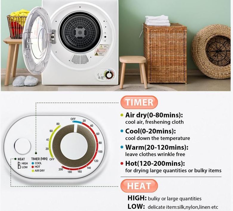 Euhomy Secadora de Ropa Portátil de 110 V y 850 W — Secadora de Lavandería Compacta de 1.5 pies cúbicos, de Carga Frontal y Eléctrica, con Tambor de Acero Inoxidable — Ideal para Apartamentos, Casas Rodantes y Dormitorios — Color Blanco, de Fácil Control