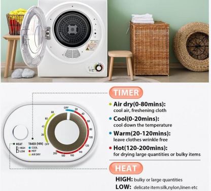 Euhomy Secadora de Ropa Portátil de 110 V y 850 W — Secadora de Lavandería Compacta de 1.5 pies cúbicos, de Carga Frontal y Eléctrica, con Tambor de Acero Inoxidable — Ideal para Apartamentos, Casas Rodantes y Dormitorios — Color Blanco, de Fácil Control