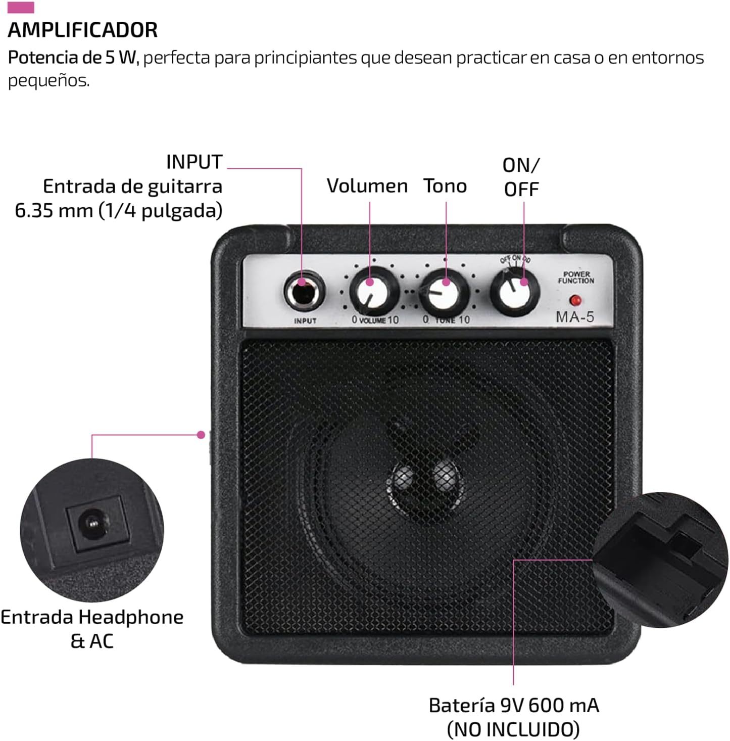 FEMMTO Guitarra Eléctrica con Amplificador 5w + Bolso + Puas (Blanco)