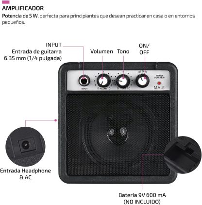 FEMMTO Guitarra Eléctrica con Amplificador 5w + Bolso + Puas (Blanco)