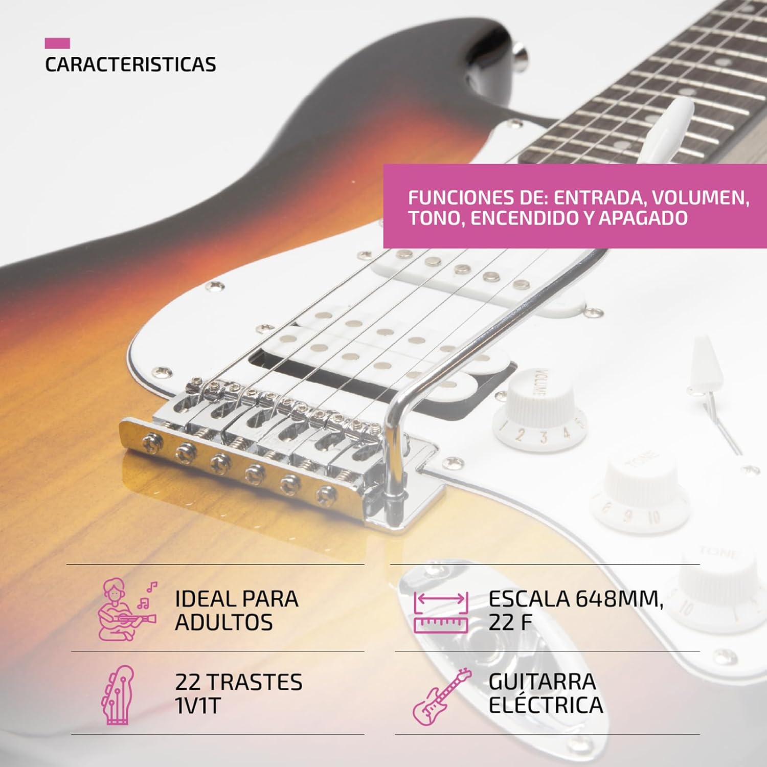 FEMMTO Guitarra Eléctrica con Amplificador 5w + Bolso + Puas (Blanco)