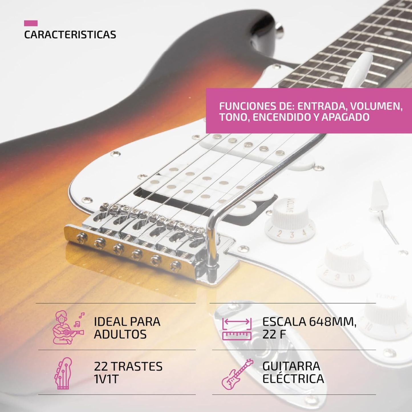 FEMMTO Guitarra Eléctrica con Amplificador 5w + Bolso + Puas (Blanco)