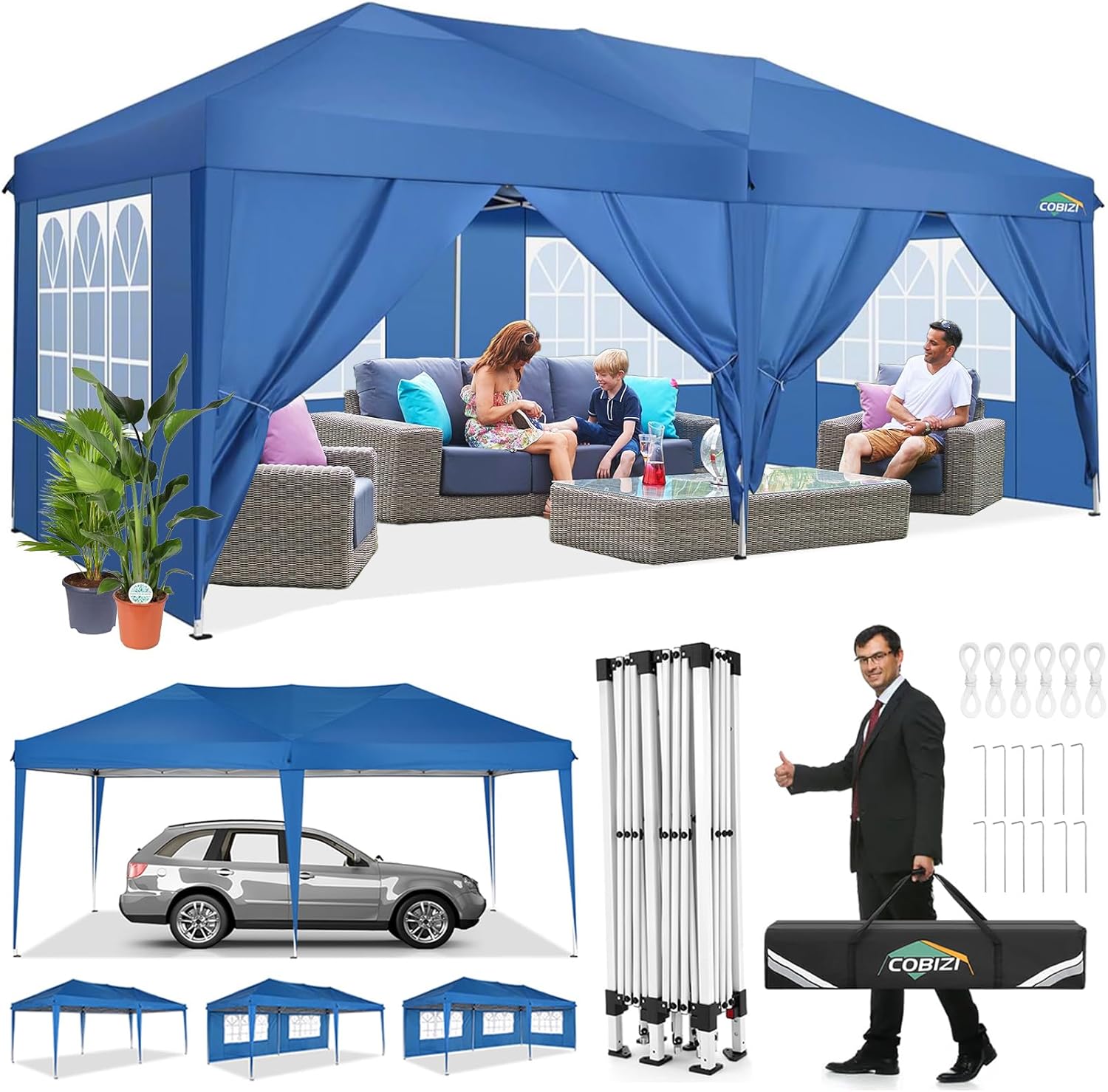 COBIZI - Toldo desplegable de 10 x 20 Pulgadas con 6 Paredes Laterales, toldo Impermeable para Eventos al Aire última intervensión, UPF 50+ cenador portátil para Fiestas, Playa, Camping, Boda,