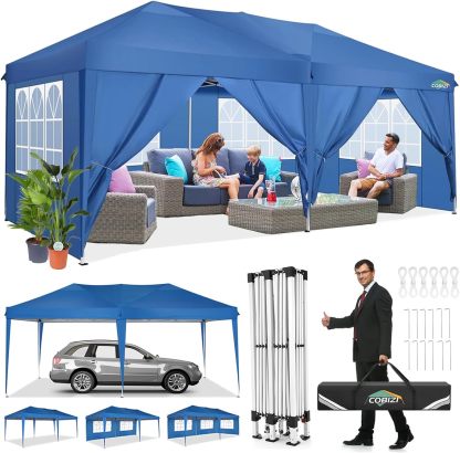 COBIZI - Toldo desplegable de 10 x 20 Pulgadas con 6 Paredes Laterales, toldo Impermeable para Eventos al Aire última intervensión, UPF 50+ cenador portátil para Fiestas, Playa, Camping, Boda,