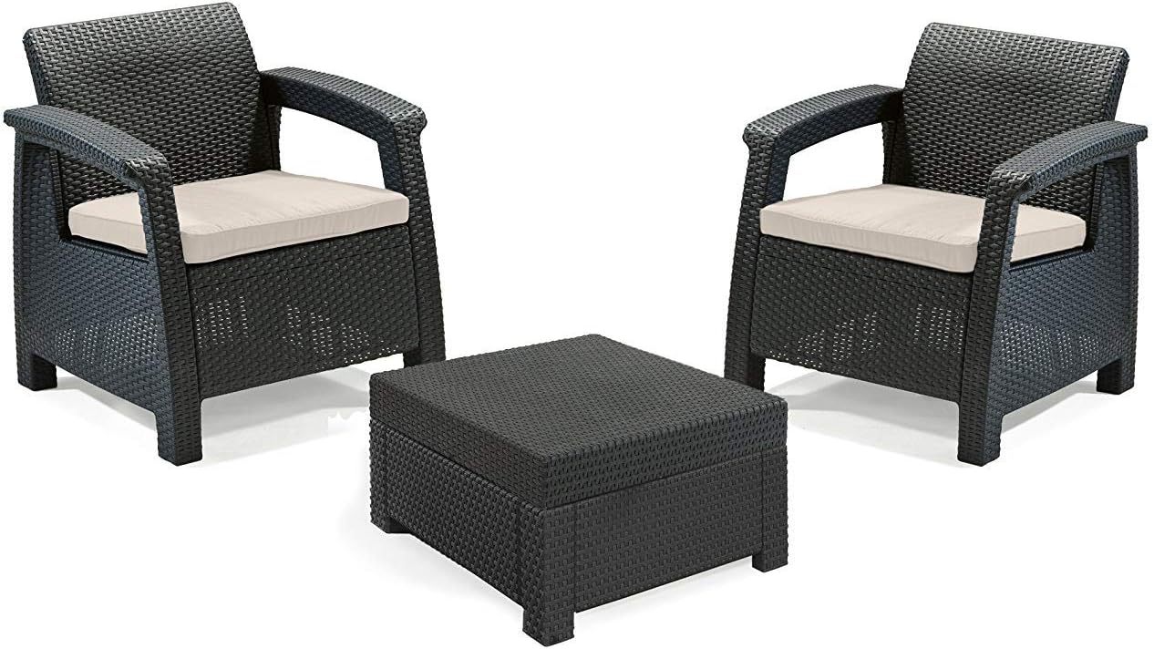 Keter Set de jardín Corfu, 4 Piezas, Sillon Dos plazas de Jardin Estilo ratán, Color Grafito