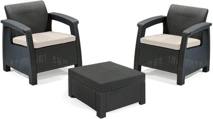 Keter Set de jardín Corfu, 4 Piezas, Sillon Dos plazas de Jardin Estilo ratán, Color Grafito