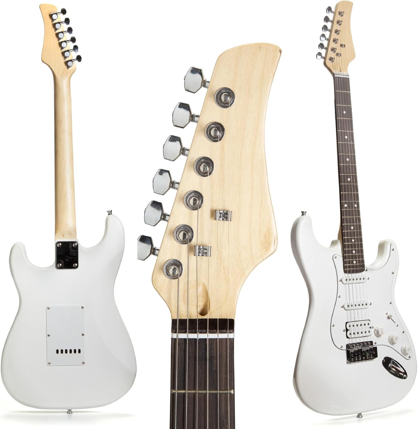 FEMMTO Guitarra Eléctrica con Amplificador 5w + Bolso + Puas (Blanco)