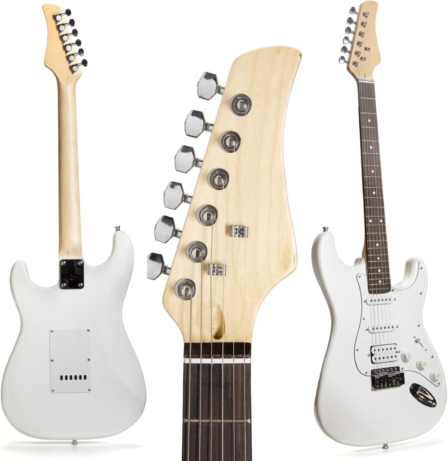 FEMMTO Guitarra Eléctrica con Amplificador 5w + Bolso + Puas (Blanco)