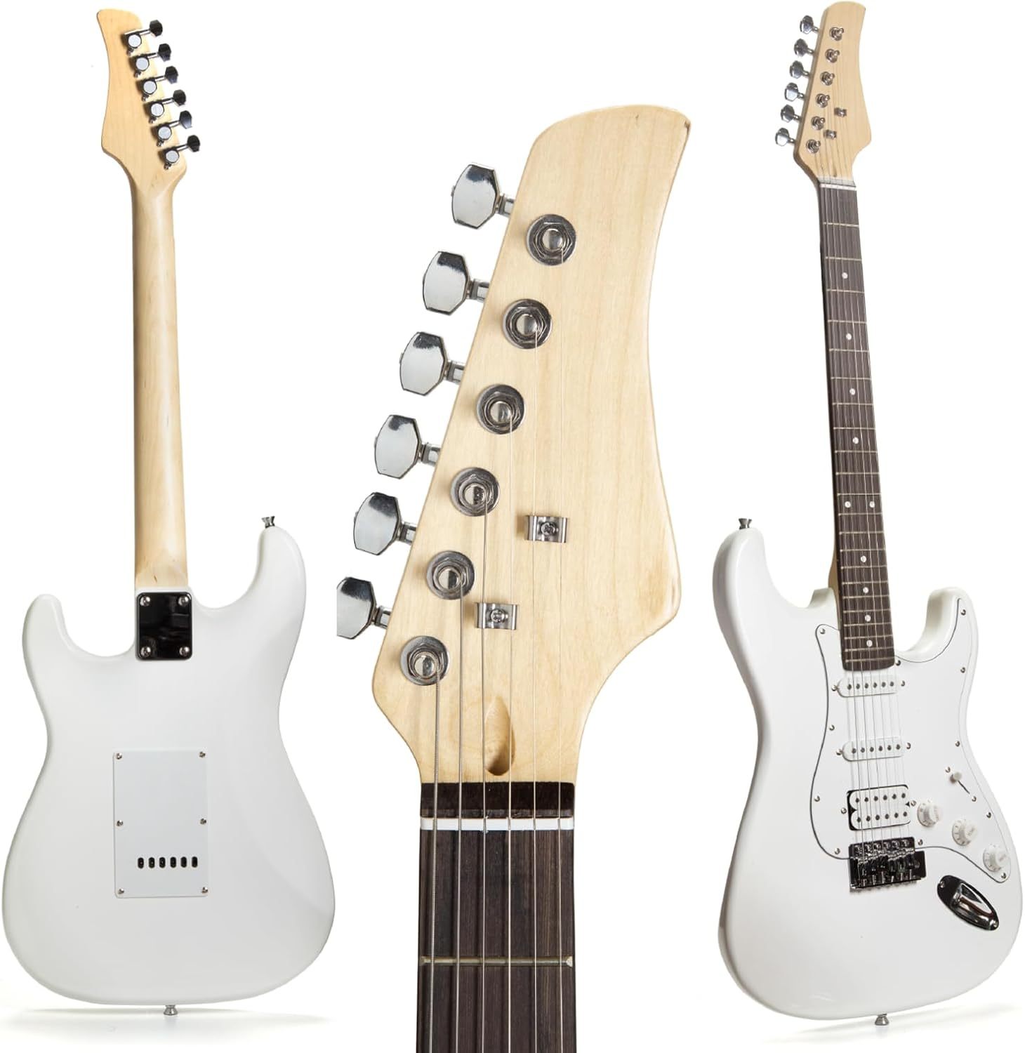 FEMMTO Guitarra Eléctrica con Amplificador 5w + Bolso + Puas (Blanco)