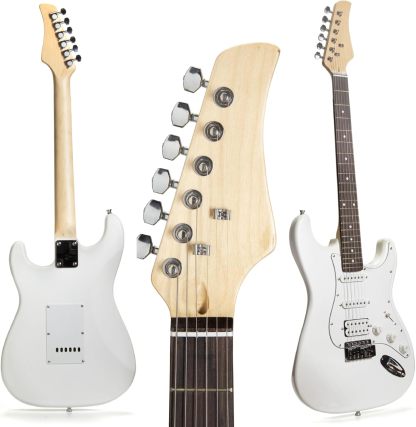 FEMMTO Guitarra Eléctrica con Amplificador 5w + Bolso + Puas (Blanco)