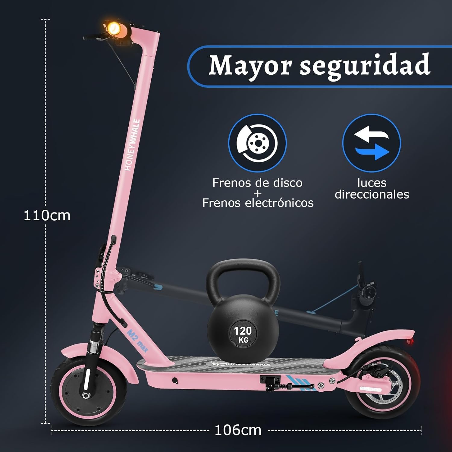 HONEYWHALE M2 MAX Scooter Eléctrico Plegable para Adultos, Motor de 500 W de Potencia Máxima, Velocidad Máxima 32KM/H, 22KM con Una Carga Completa, Patin Eléctrico con App Control Bluetooth