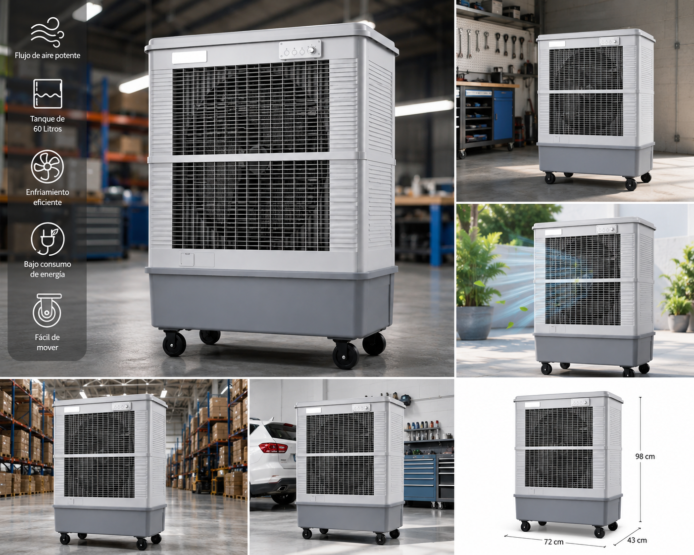 ❄️ Enfriador Evaporativo Industrial Portátil 60 L | Climatizador de Aire 450W | Alto Flujo de Aire | Ideal para Taller, Almacén, Garaje y Espacios Grandes 💨