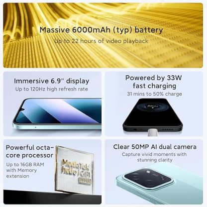 XIAOMI Poco C85 4G LTE (Compatible con T-Mobile Tello Mint y Global) (256 GB + 8 GB) Desbloqueado, Doble SIM, 6.9", 50 MP, Modelo 25078PC3EG (Negro)