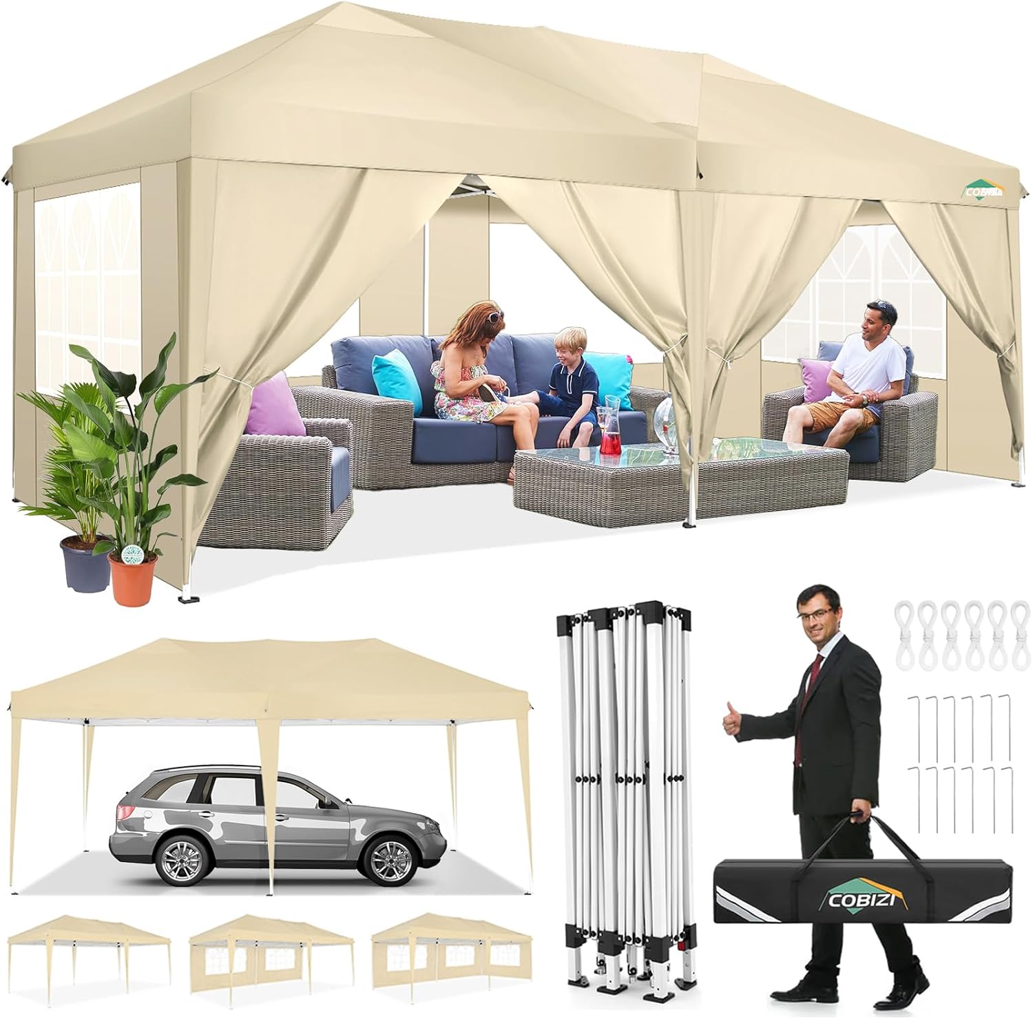 COBIZI - Toldo desplegable de 10 x 20 Pulgadas con 6 Paredes Laterales, toldo Impermeable para Eventos al Aire última intervensión, UPF 50+ cenador portátil para Fiestas, Playa, Camping, Boda,