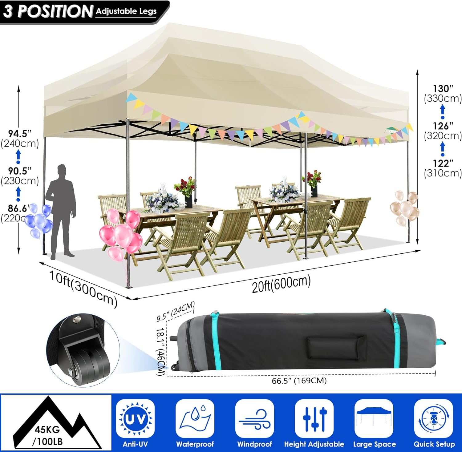 COBIZI - Toldo desplegable de 10 x 20 Pulgadas con 6 Paredes Laterales, toldo Impermeable para Eventos al Aire última intervensión, UPF 50+ cenador portátil para Fiestas, Playa, Camping, Boda,