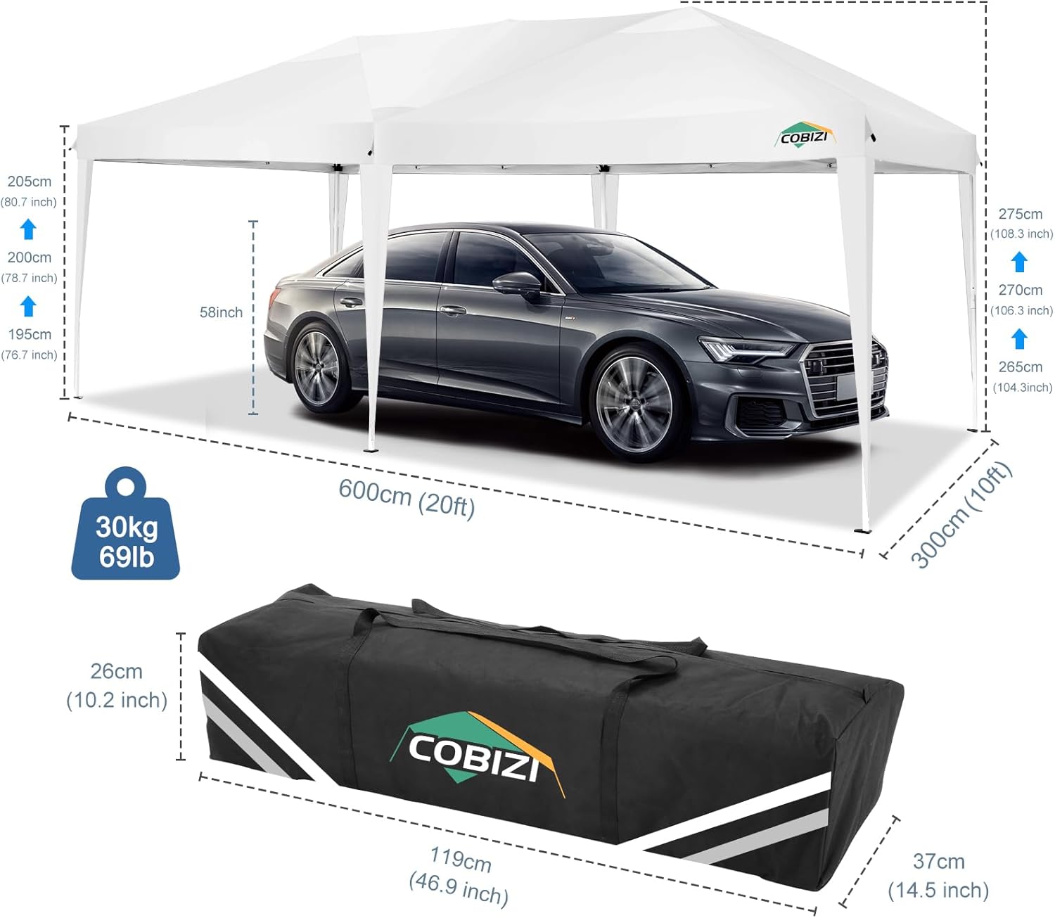 COBIZI - Toldo desplegable de 10 x 20 Pulgadas con 6 Paredes Laterales, toldo Impermeable para Eventos al Aire última intervensión, UPF 50+ cenador portátil para Fiestas, Playa, Camping, Boda,