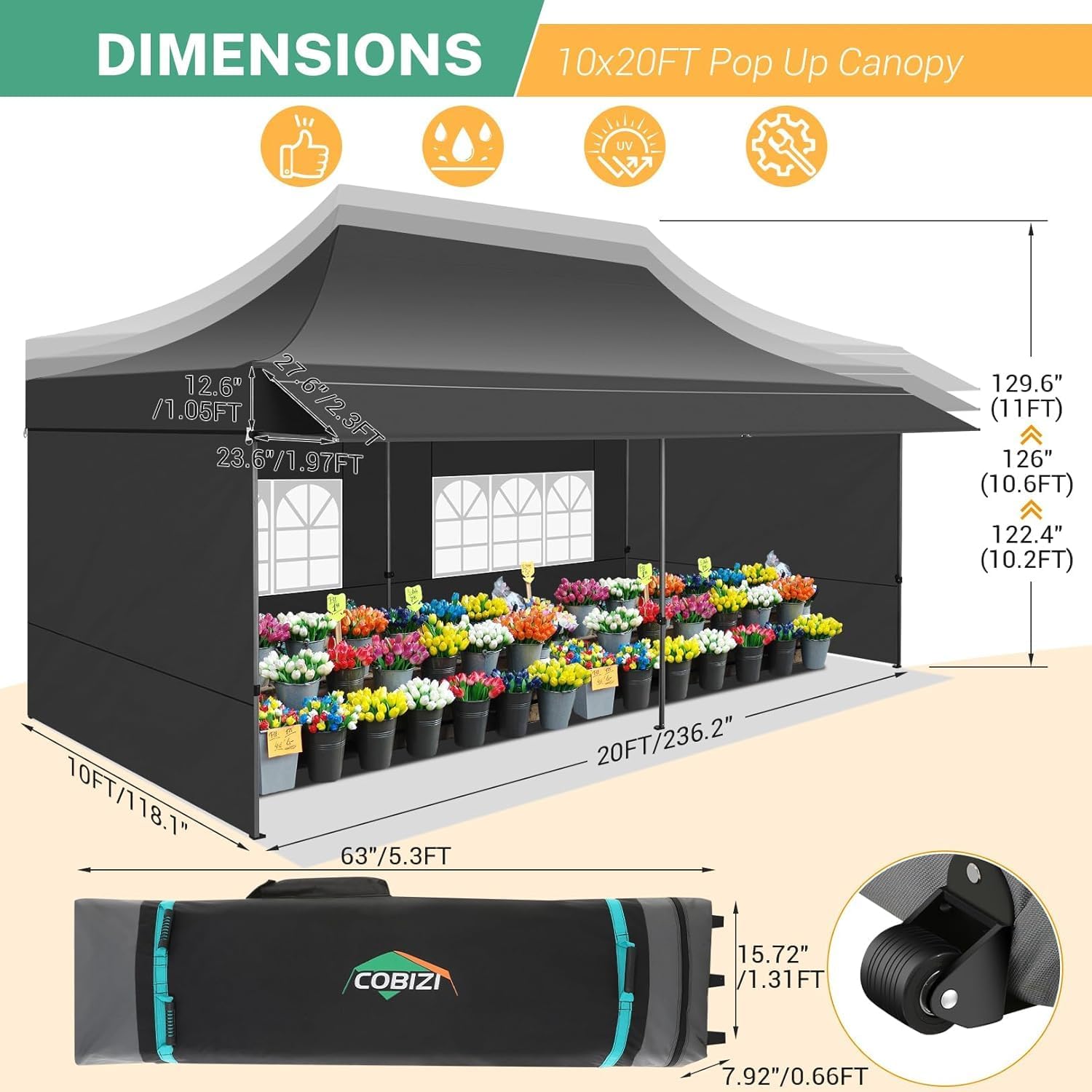 COBIZI - Toldo desplegable de 10 x 20 Pulgadas con 6 Paredes Laterales, toldo Impermeable para Eventos al Aire última intervensión, UPF 50+ cenador portátil para Fiestas, Playa, Camping, Boda,