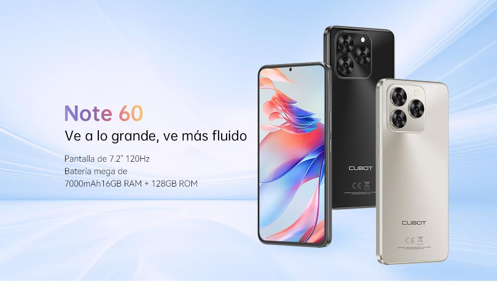 Cubot Note 60 Dual SIM 128 GB Azul 16 GB (6 GB + 10 GB ampliados) RAM Android 15 Pantalla 7,2" 120 Hz Bater&iacute;a 7000 mAh C&aacute;mara Triple 48 MP Protecci&oacute;n IP65  A