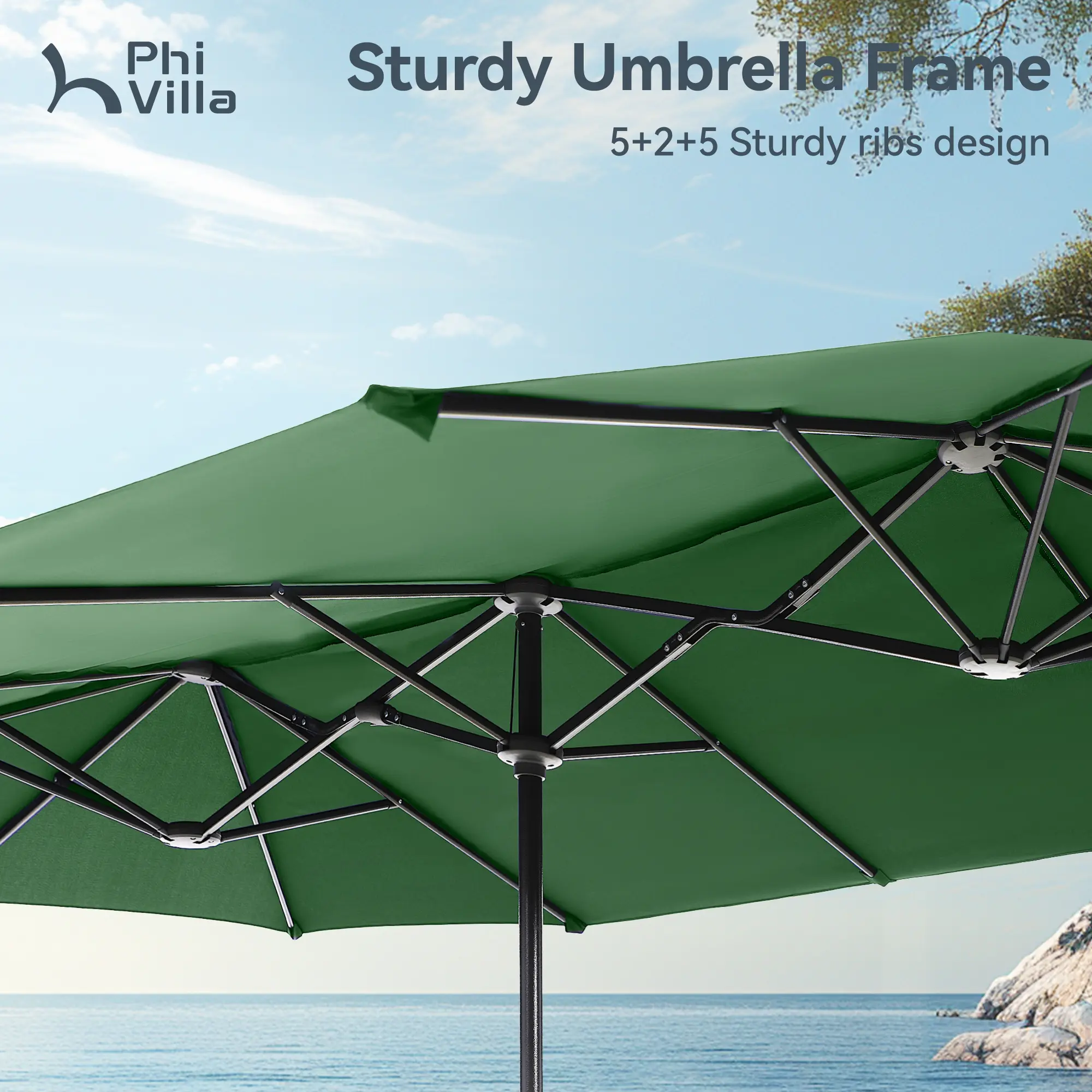 Sombrilla Solar para Patio de 15/13 pies con Base — Sombrilla Doble Extra Grande para Exteriores con 36 Luces LED y Manivela, Ideal para Jardín, Terraza, Piscina y Patio