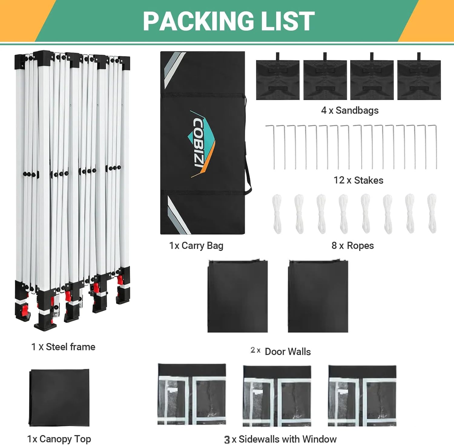 COBIZI - Toldo desplegable de 10 x 20 Pulgadas con 6 Paredes Laterales, toldo Impermeable para Eventos al Aire última intervensión, UPF 50+ cenador portátil para Fiestas, Playa, Camping, Boda,