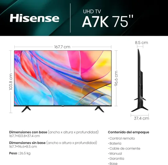 Hisense Pantalla 75" 4K Smart TV LED 65A6H Google TV