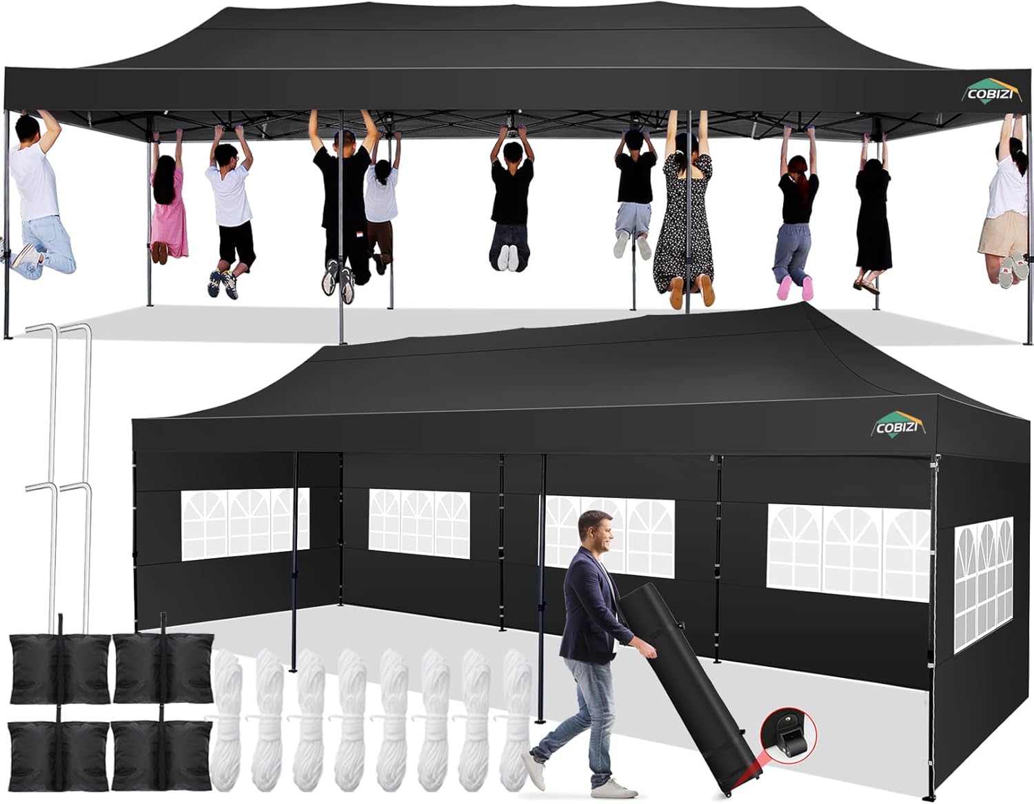 COBIZI - Toldo desplegable de 10 x 20 Pulgadas con 6 Paredes Laterales, toldo Impermeable para Eventos al Aire última intervensión, UPF 50+ cenador portátil para Fiestas, Playa, Camping, Boda,