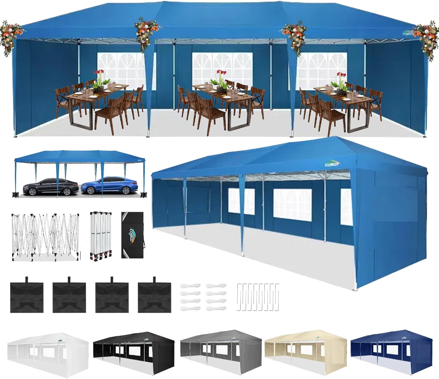 COBIZI - Toldo desplegable de 10 x 20 Pulgadas con 6 Paredes Laterales, toldo Impermeable para Eventos al Aire última intervensión, UPF 50+ cenador portátil para Fiestas, Playa, Camping, Boda,