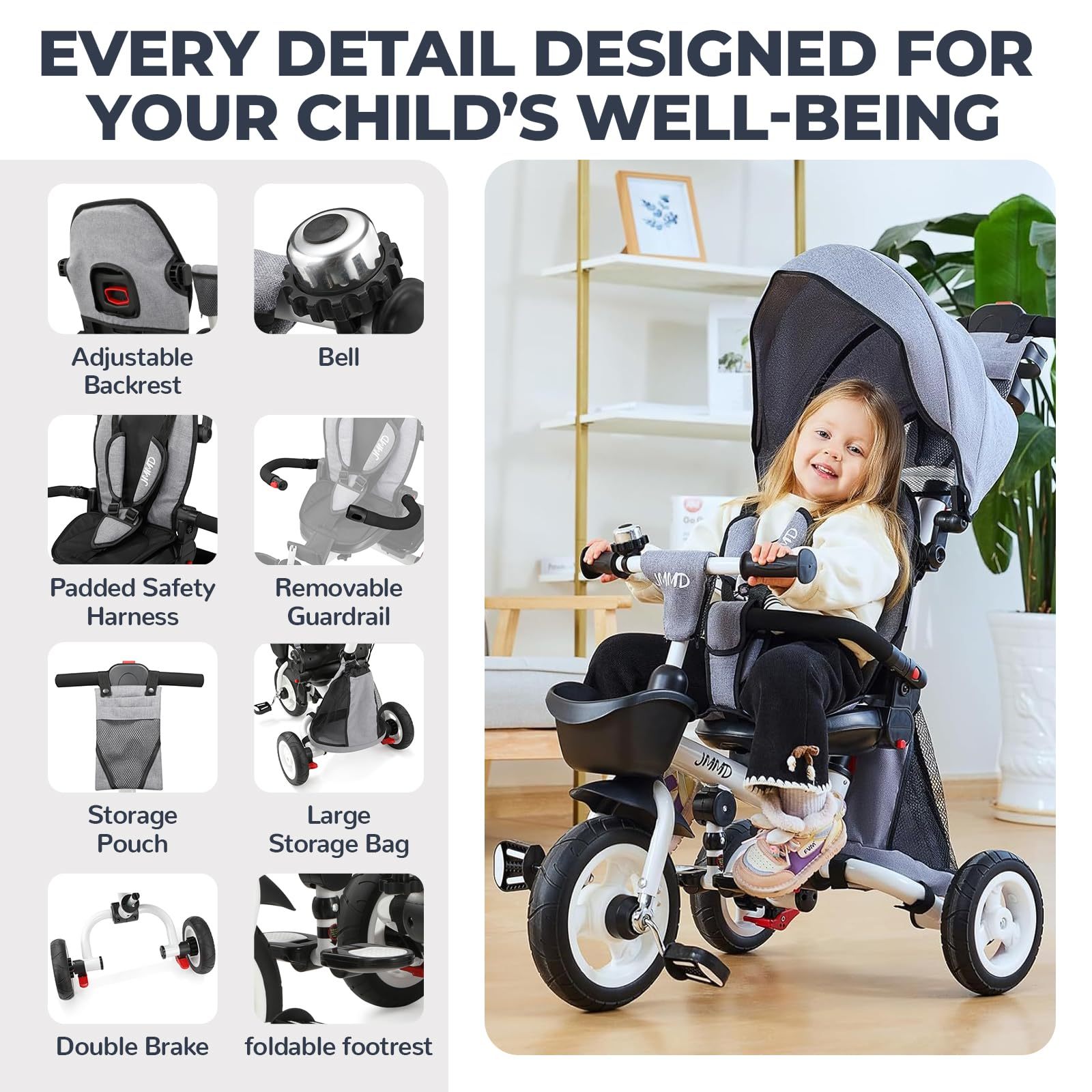 👨‍👩‍👧☀️JMMD Triciclo para bebé, 7 en 1 plegable para niños con mango ajustable para padres, arnés de seguridad y frenos de rueda, toldo extraíble, almacenamiento, carriola de bebé, regalo para niños pequeños de 18 meses a 5 años (verde)