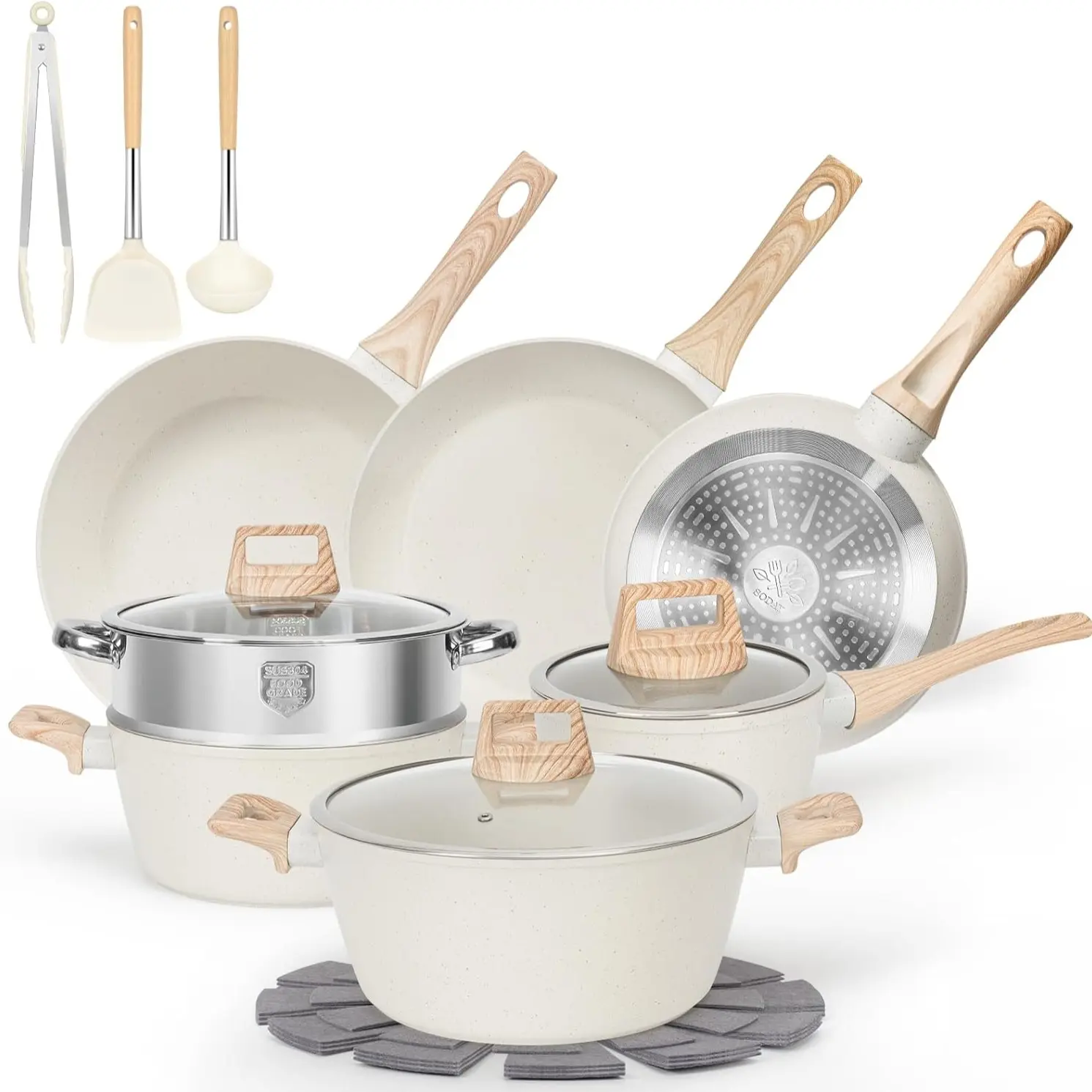 Juego de utensilios de cocina antiadherentes SODAY de 12 piezas con tapa, núcleo de aluminio, revestimiento de granito, compatible con inducción, fácil limpieza, cocina segura y saludable.
