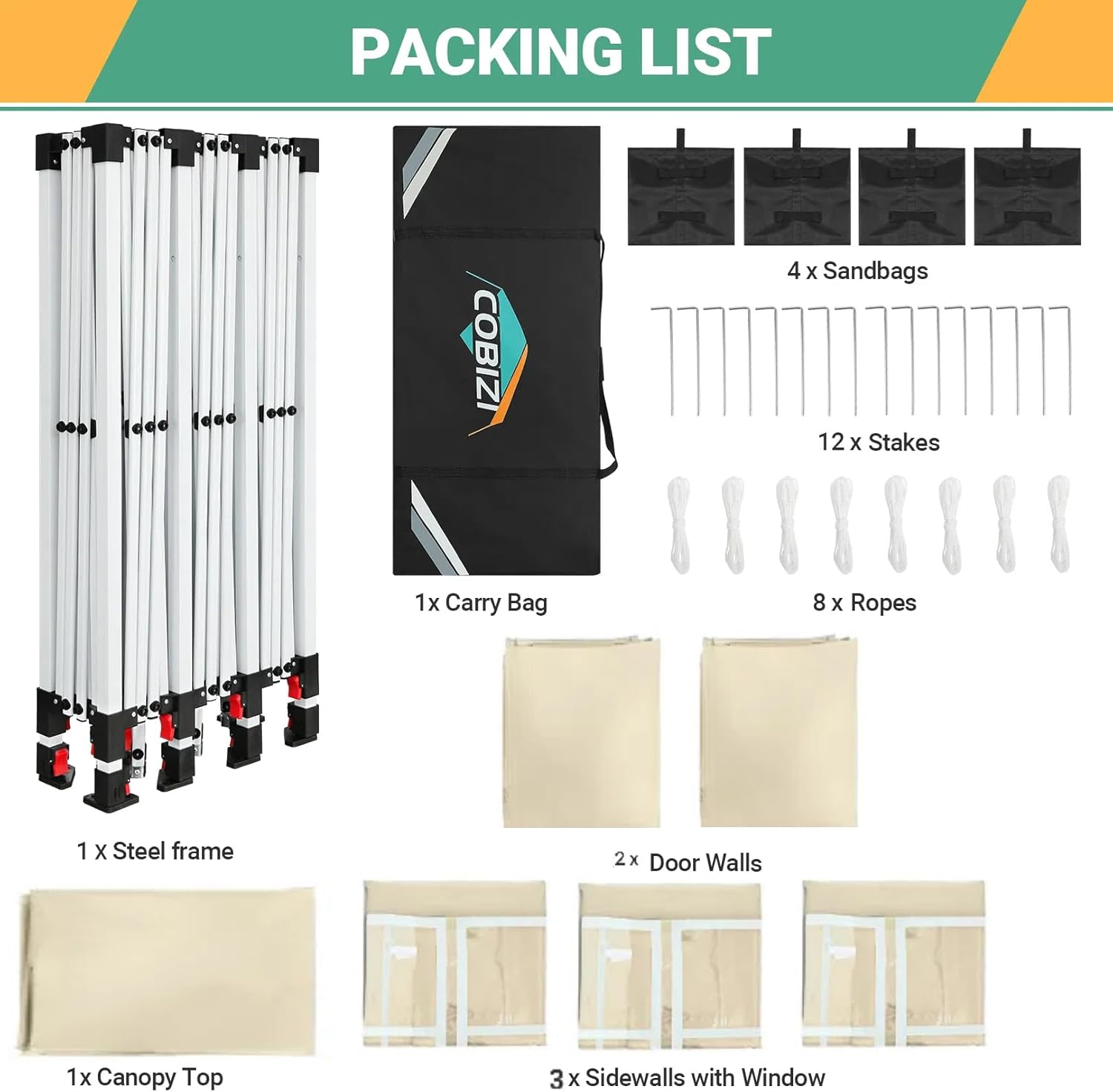 COBIZI - Toldo desplegable de 10 x 20 Pulgadas con 6 Paredes Laterales, toldo Impermeable para Eventos al Aire última intervensión, UPF 50+ cenador portátil para Fiestas, Playa, Camping, Boda,