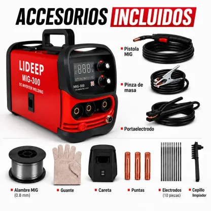 Soldadora inverter 3 en 1 LIDEEP (modelo MIG-250/300, 127 V, compatible con los modos MIG/MMA/TIG), equipada con una pantalla LCD digital; admite soldadura sin gas (con hilo tubular).