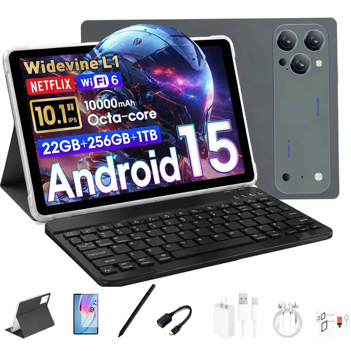 Tablet Android 15 de 10.1" con 22GB RAM, 256GB ROM y Funda Teclado