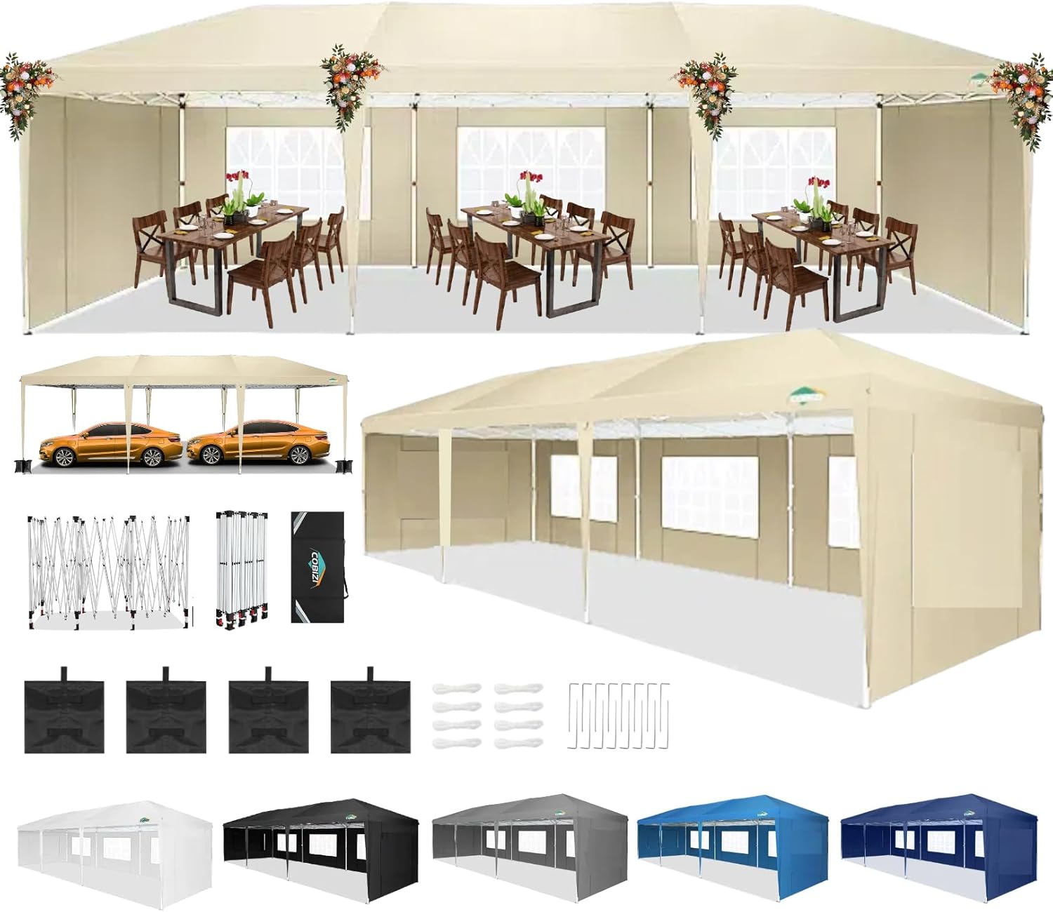 COBIZI - Toldo desplegable de 10 x 20 Pulgadas con 6 Paredes Laterales, toldo Impermeable para Eventos al Aire última intervensión, UPF 50+ cenador portátil para Fiestas, Playa, Camping, Boda,
