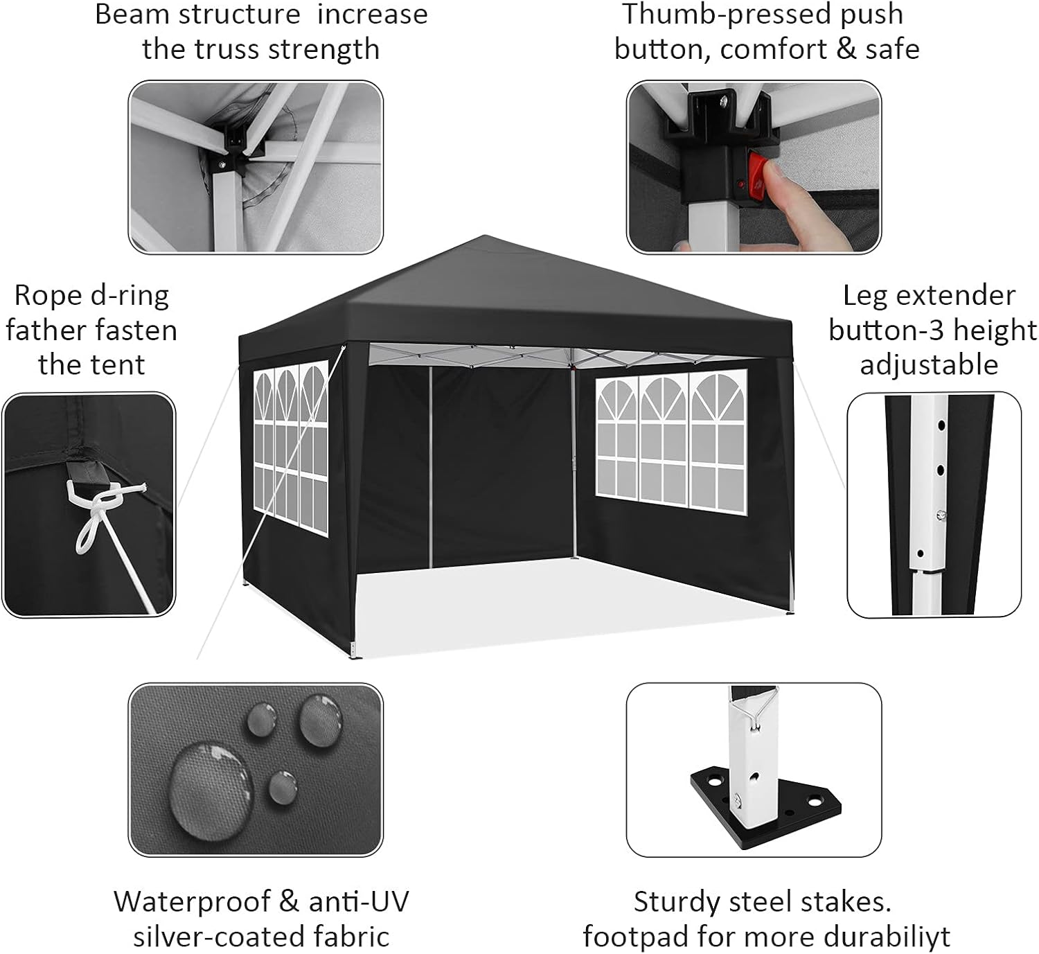 COBIZI - Toldo desplegable de 10 x 20 Pulgadas con 6 Paredes Laterales, toldo Impermeable para Eventos al Aire última intervensión, UPF 50+ cenador portátil para Fiestas, Playa, Camping, Boda,