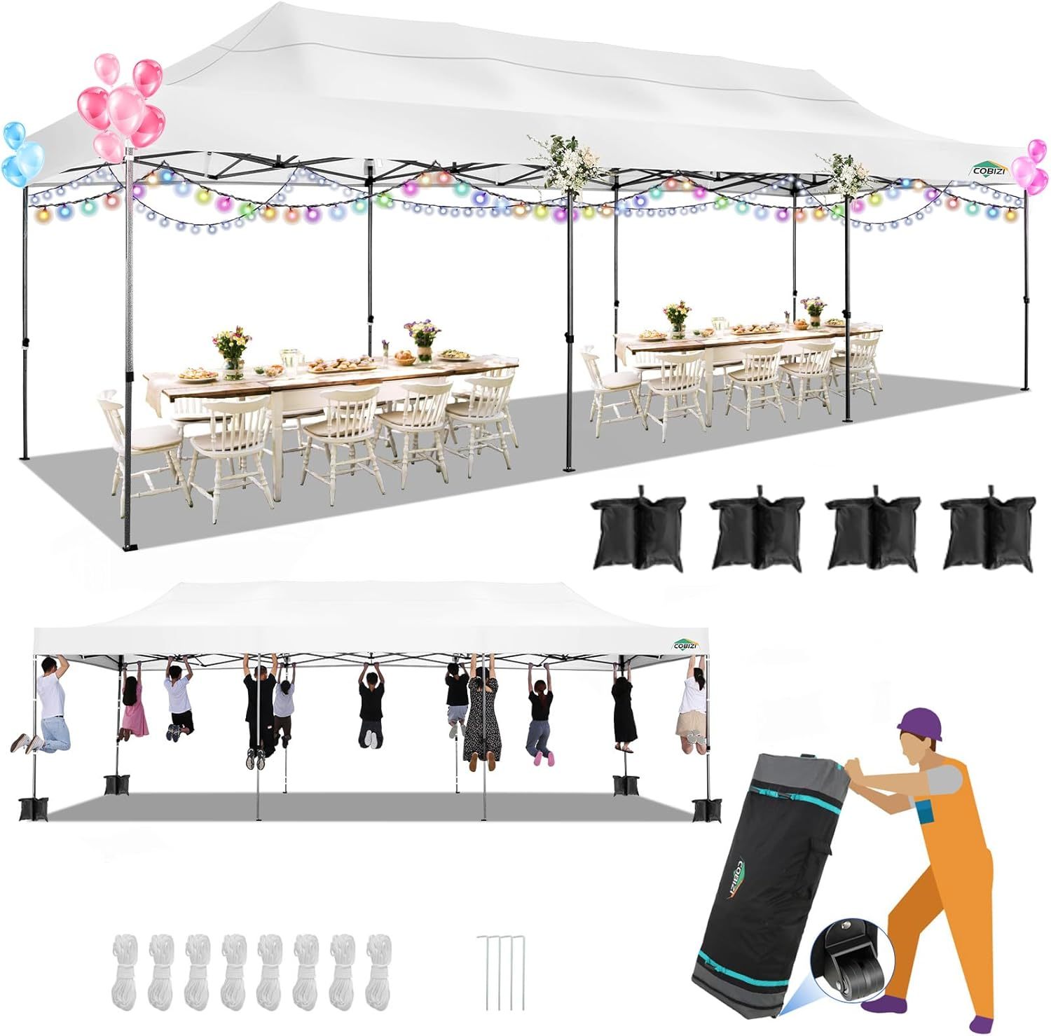 COBIZI - Toldo desplegable de 10 x 20 Pulgadas con 6 Paredes Laterales, toldo Impermeable para Eventos al Aire última intervensión, UPF 50+ cenador portátil para Fiestas, Playa, Camping, Boda,