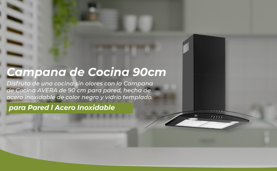 AVERA Campana de Cocina 90cm para PARED, Acero Inoxidable