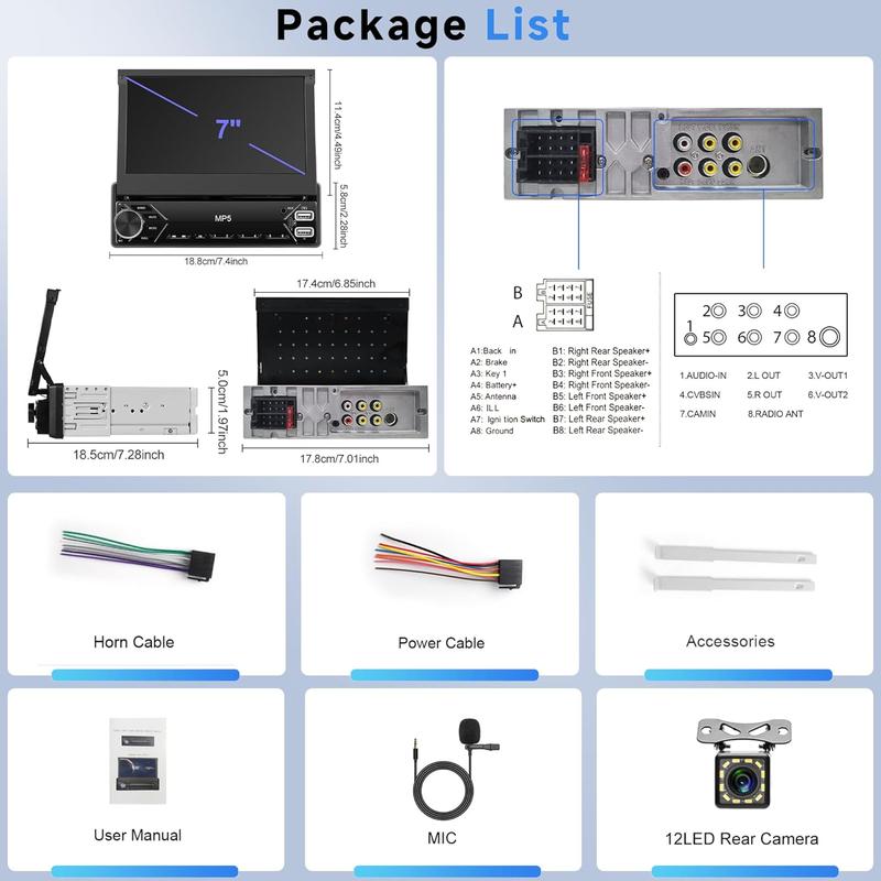 Autorradio de 1 DIN con pantalla táctil de 7 pulgadas, radio para coche con pantalla abatible, Bluetooth, radio FM, función Mirror Link para teléfonos Android/iOS, compatible con tarjetas TF/USB, incluye cámara y micrófono.