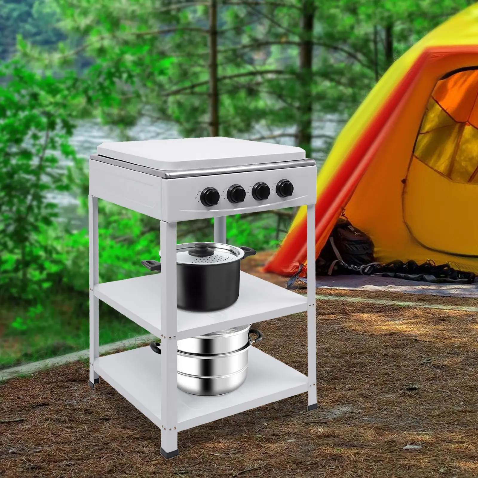 Estufa de gas independiente de 4 quemadores (Gas Natural/GLP) — Placa de cocción portátil para exteriores y camping, con 4 perillas y encendido manual; ideal para caravanas, viajes, preparación para emergencias y uso familiar.