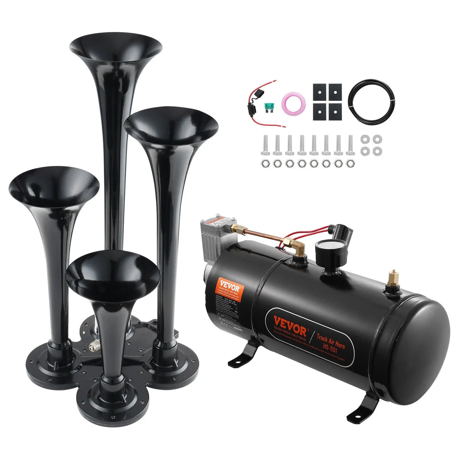 Kit de bocinas de tren VEVOR: varias especificaciones, kit de bocina de aire de 4 trompetas, bocinas de tren de 150 dB para camionetas, compresor de aire de 12 V y 120 psi, tanque con manómetro para cualquier vehículo de 12 V (automóvil, cami